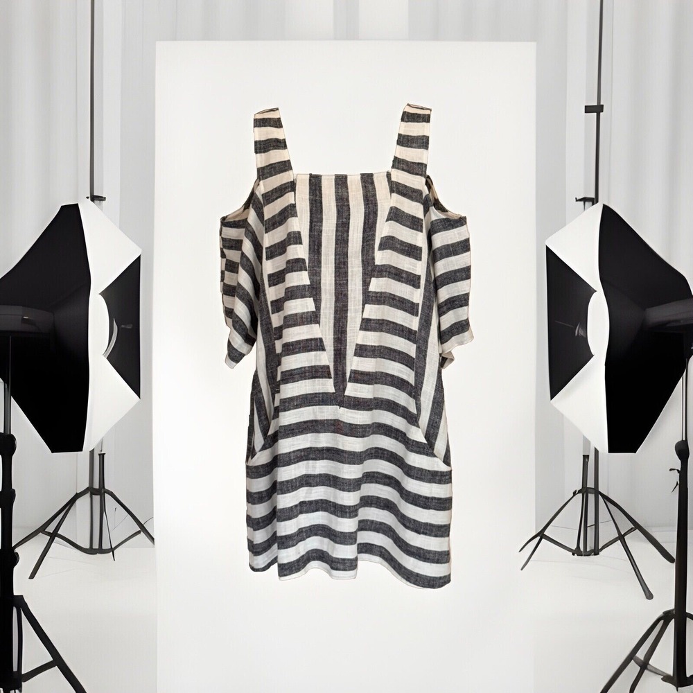 SOFT SURROUNDINGS Womens Large Black/White Striped Top Tunic Pockets Linen Blend